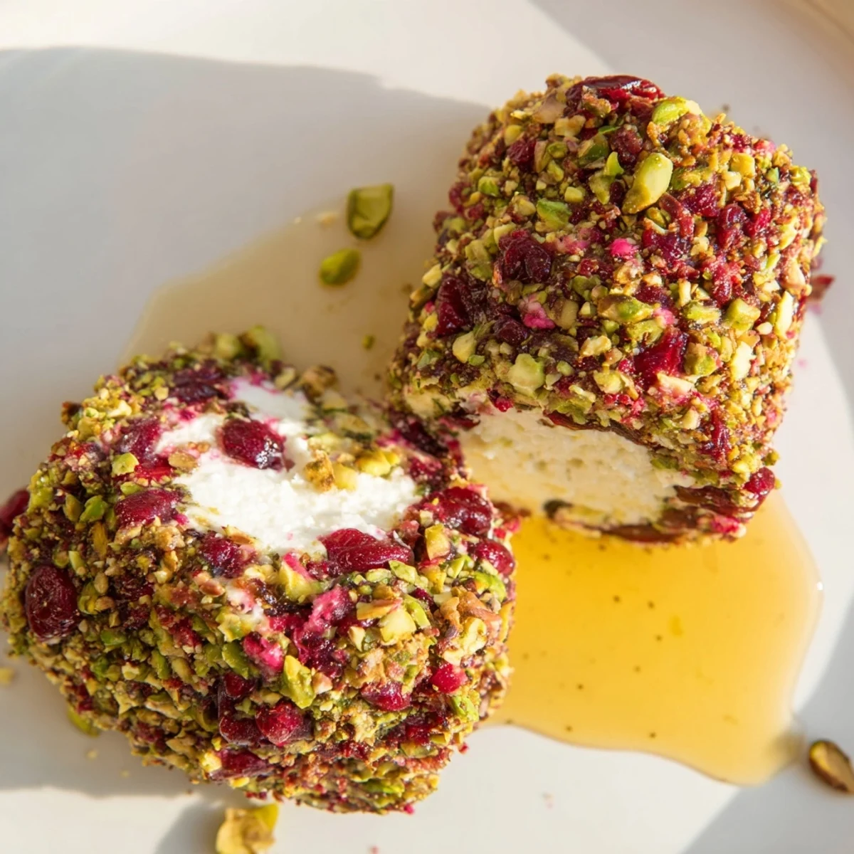 Close-up of golden Cranberry Goat Cheese Logs, showcasing a creamy center and crunchy, sweet coating.