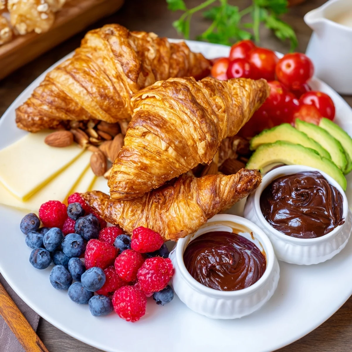 Warm, golden Cozy Fireplace Croissant Board overflowing with berries, cheeses, and inviting textures for brunch.