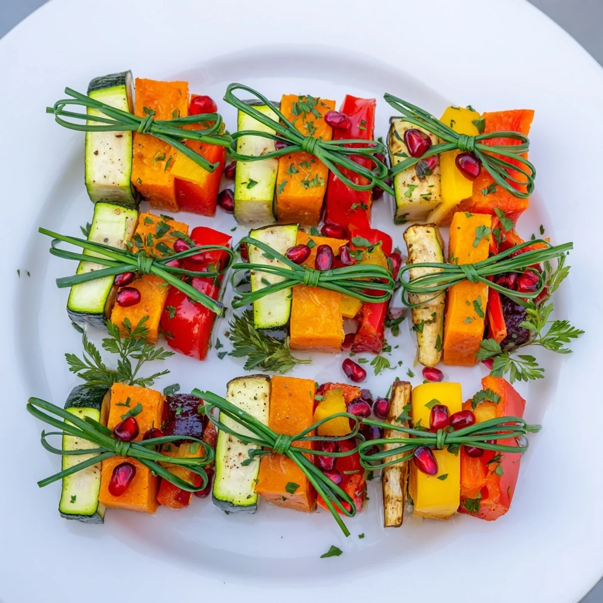 Delicious, oven-roasted Christmas Present Veggie Crates, arranged as festive veggie gift boxes with chive "ribbons."