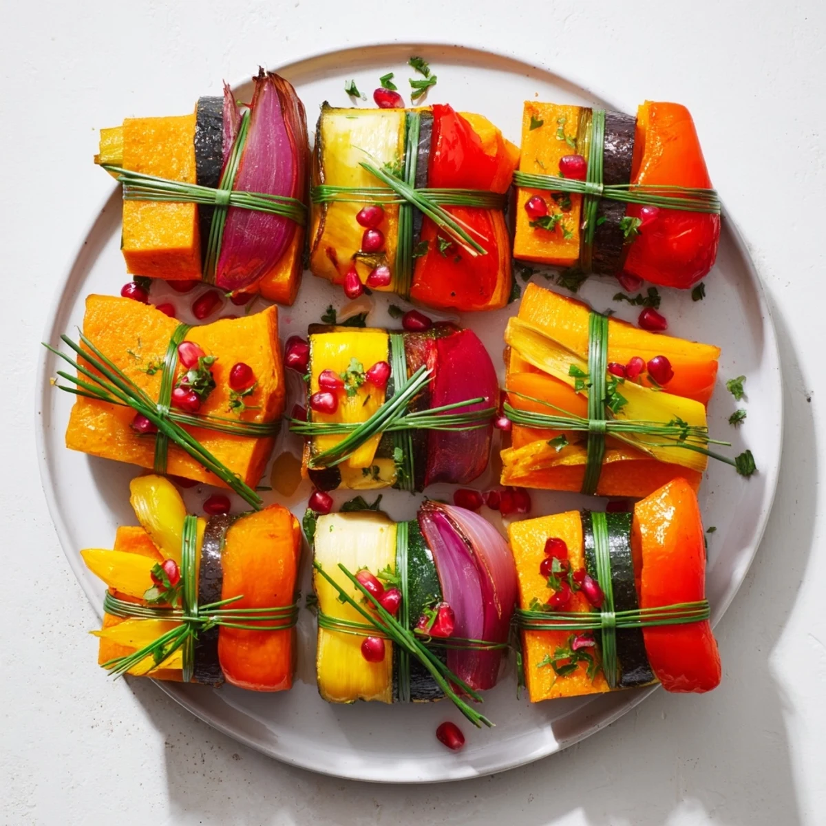 Festively garnished vegetable Christmas Present Veggie Crates, ready to serve with colorful roasted bell peppers.