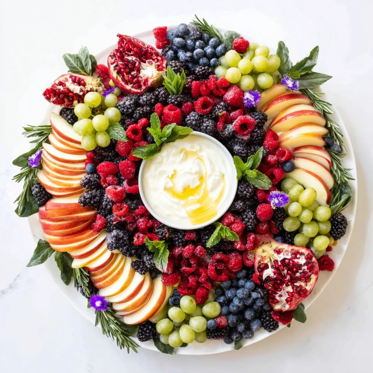 A beautiful holiday Winter Berry Wreath Fruit Board featuring red, green, and purple fruit clusters.