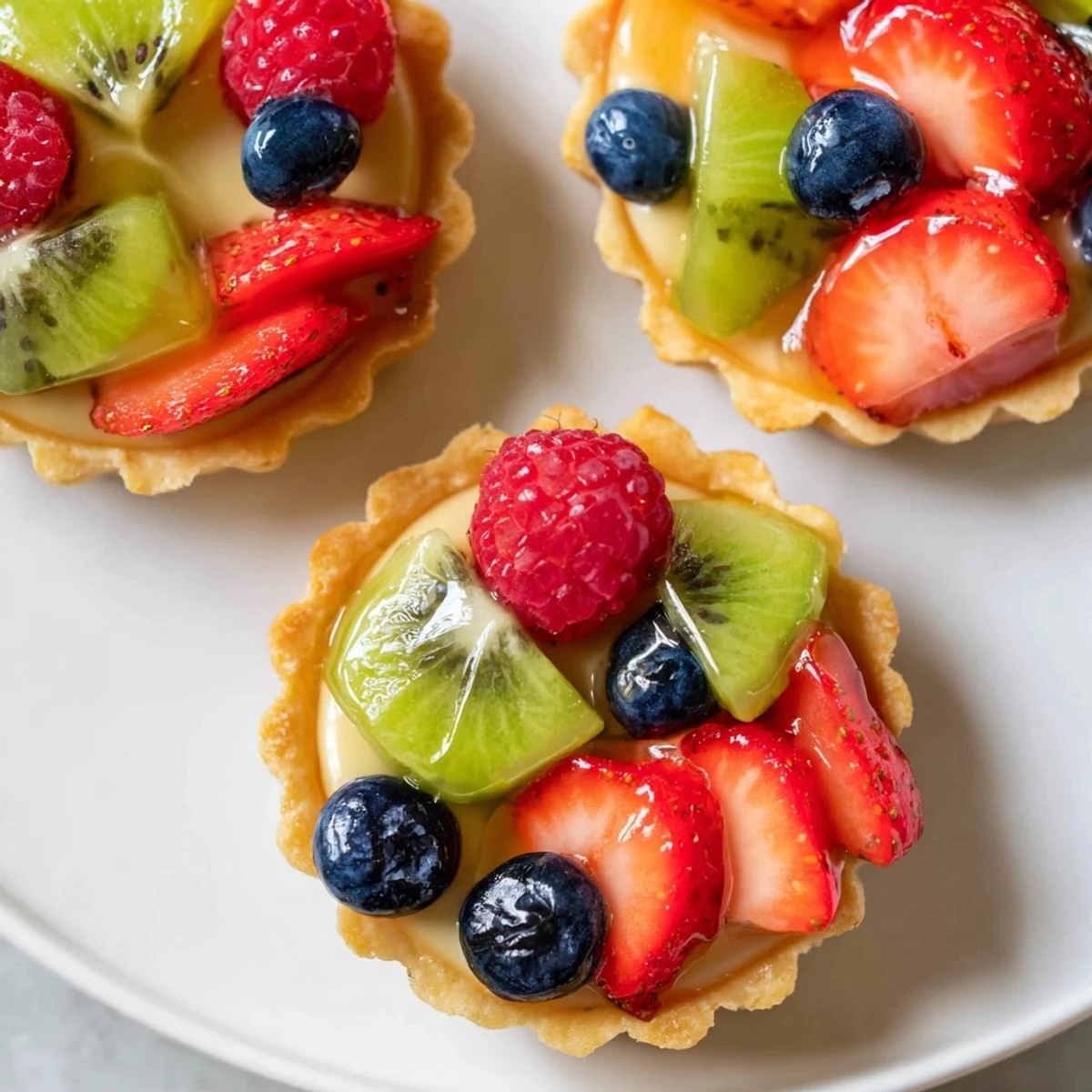 Mini fruit tartlets arranged in a circle, showcasing vibrant berries and a sweet, creamy filling within golden crusts.