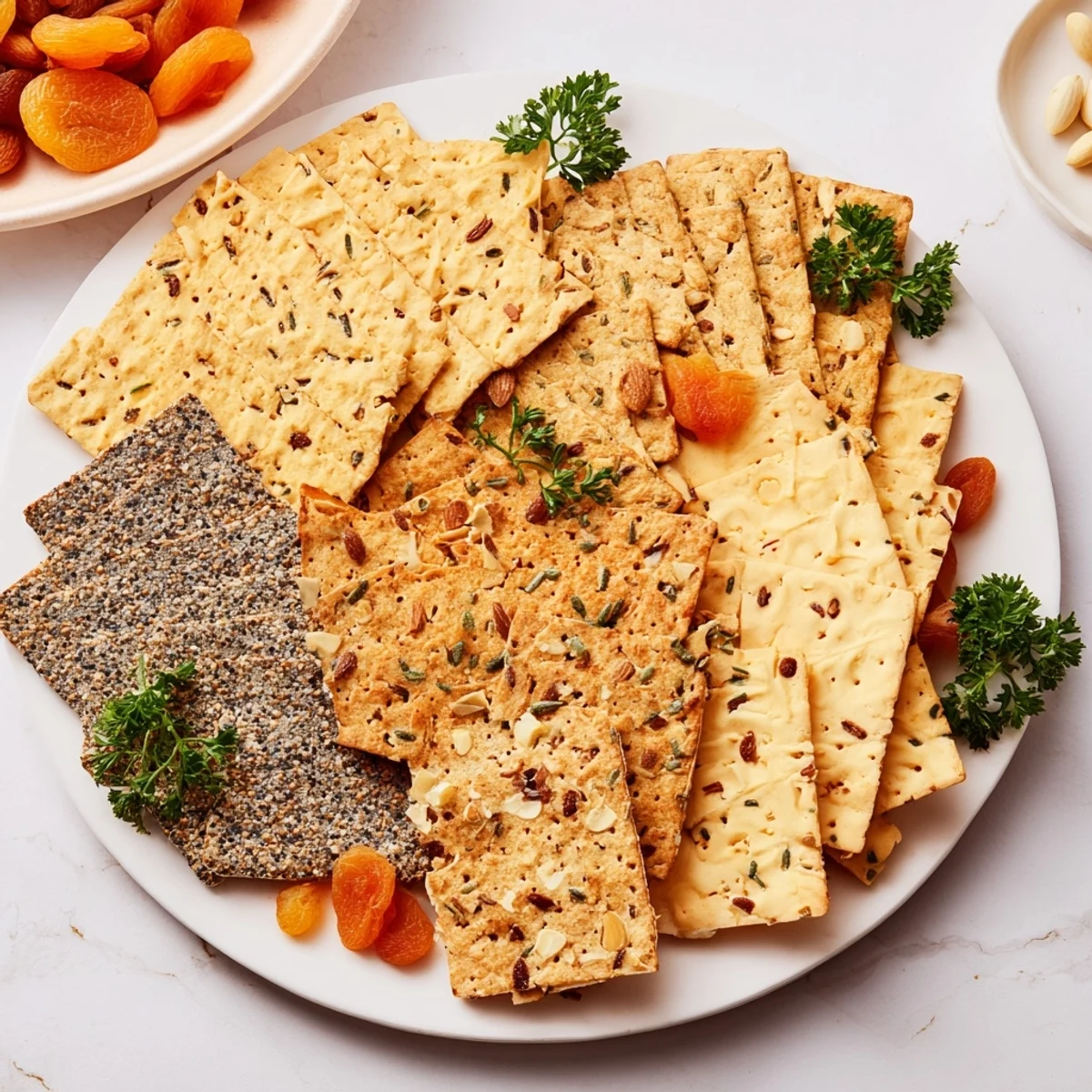 Crisp Gourmet Crackers present a layered fan with herbs and nuts, perfect for an appetizer spread.