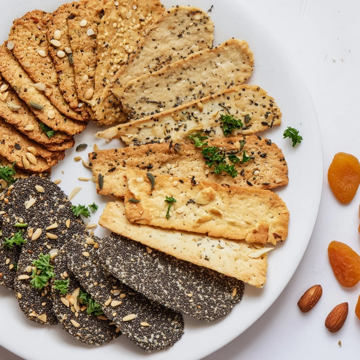 Assorted Gourmet Crackers fan out, appealingly arranged, enticing for a simple, savory snacking experience.
