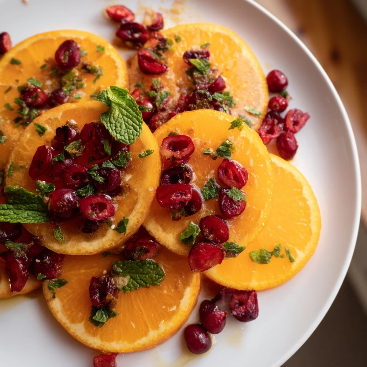 Bright, juicy orange slices and cranberries scattered for a refreshing winter fruit salad.