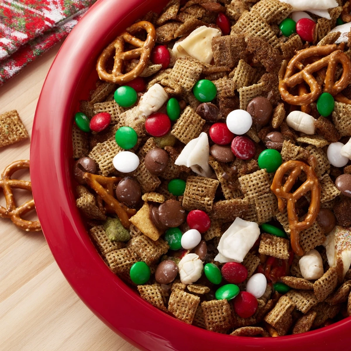Festive holiday mix, a sweet and salty snack featuring crunchy Chex and bright candies, ready to serve.