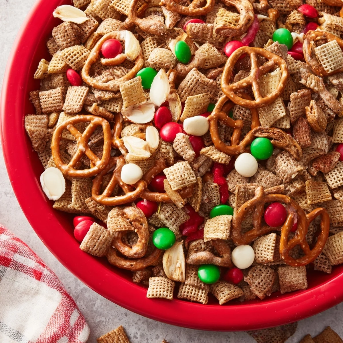 Close-up of a vibrant red and green bowl of Holiday Mix, perfect for sharing and holiday celebrations.