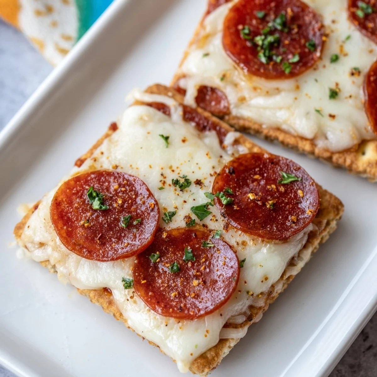 Melting cheese tops pepperoni on crackers, a perfect savory bite appetizer idea.