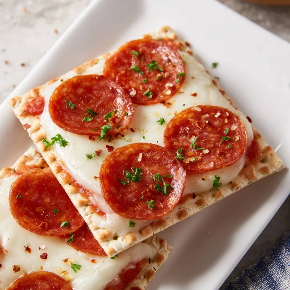Crispy pepperoni and mozzarella stacked on crackers, a quick and easy appetizer.
