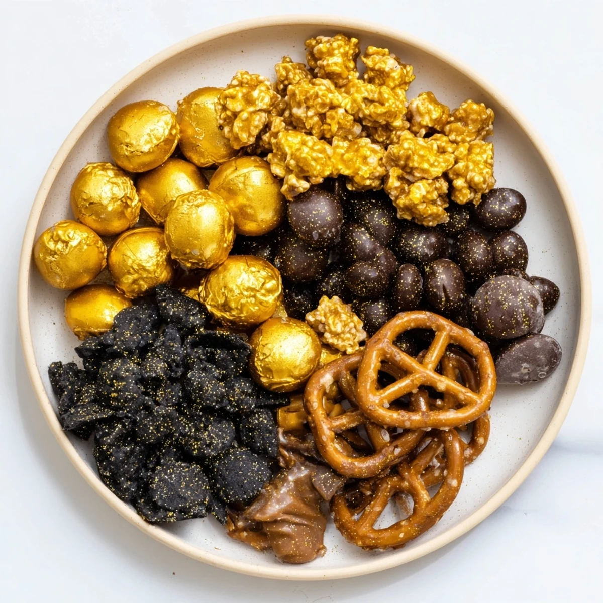 Crispy Gold and Black Midnight Snack Mix, sprinkled with gold stars, perfect for New Year's.