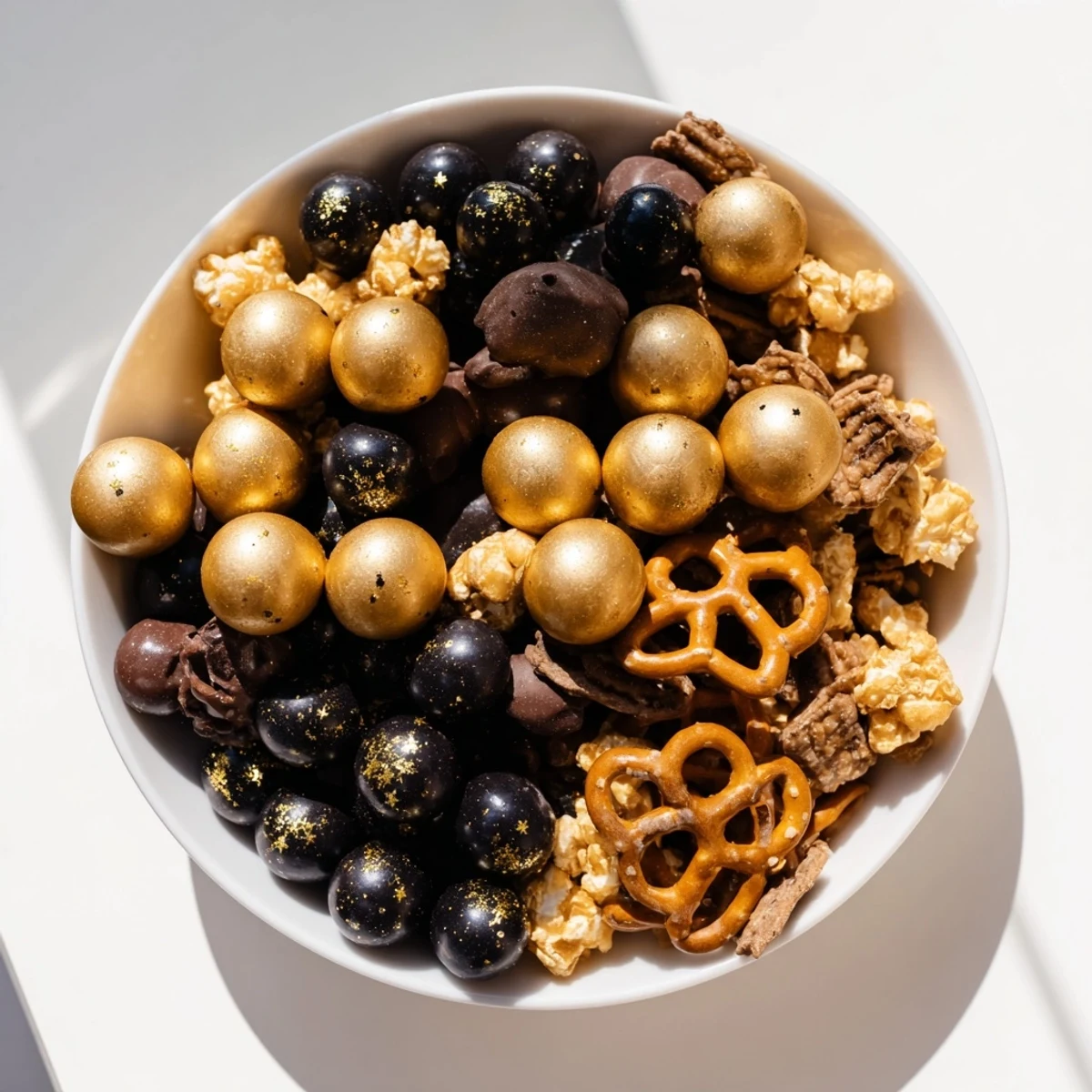 Enjoy this easy-to-make Gold and Black Midnight Snack Mix, a festive treat brimming with color.