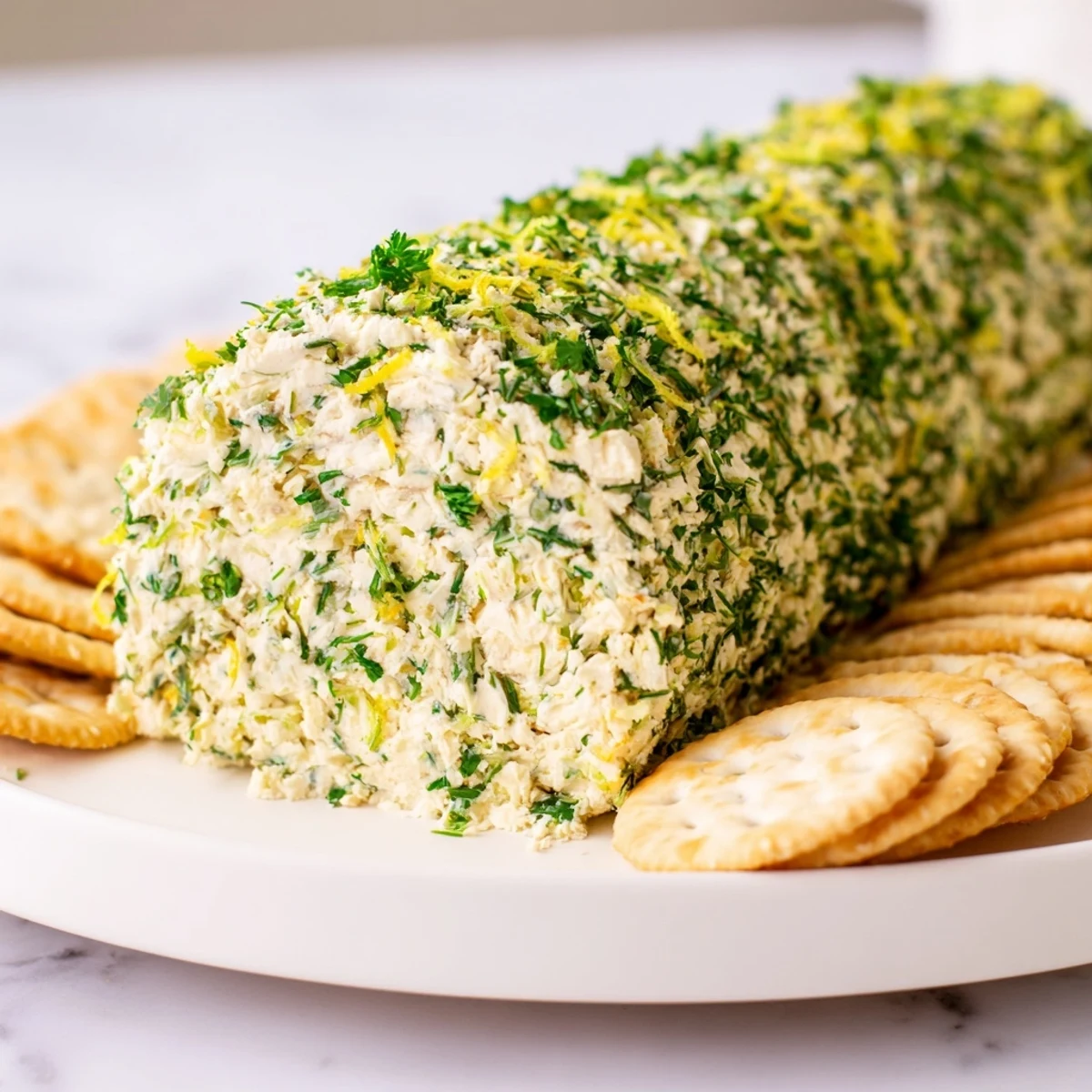 Herb-Coated Cheese Log, a creamy appetizer, beautifully displayed with a ring of colorful crackers.