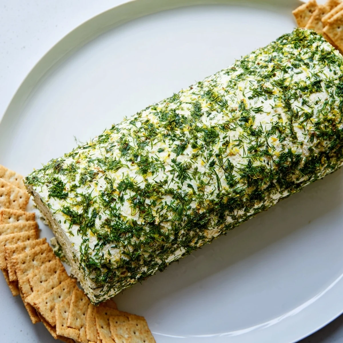 A close-up view of the savory Herb-Coated Cheese Log, perfect for an elegant party appetizer with crackers.