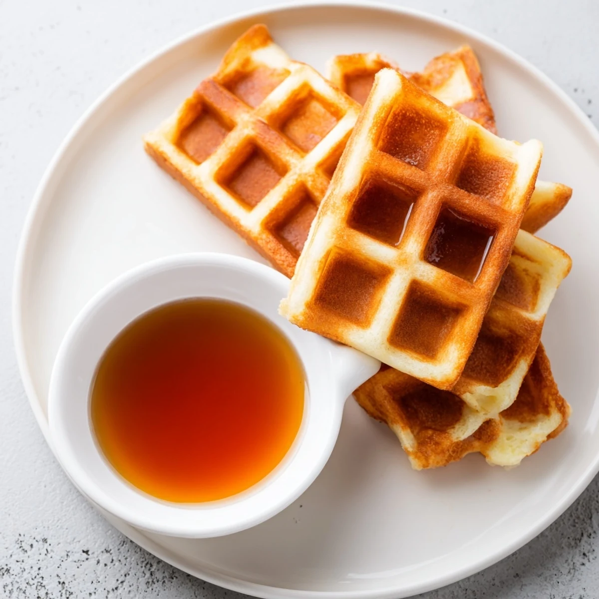 Golden, crispy waffle quarters ready to dip in warm maple syrup for a delicious breakfast.