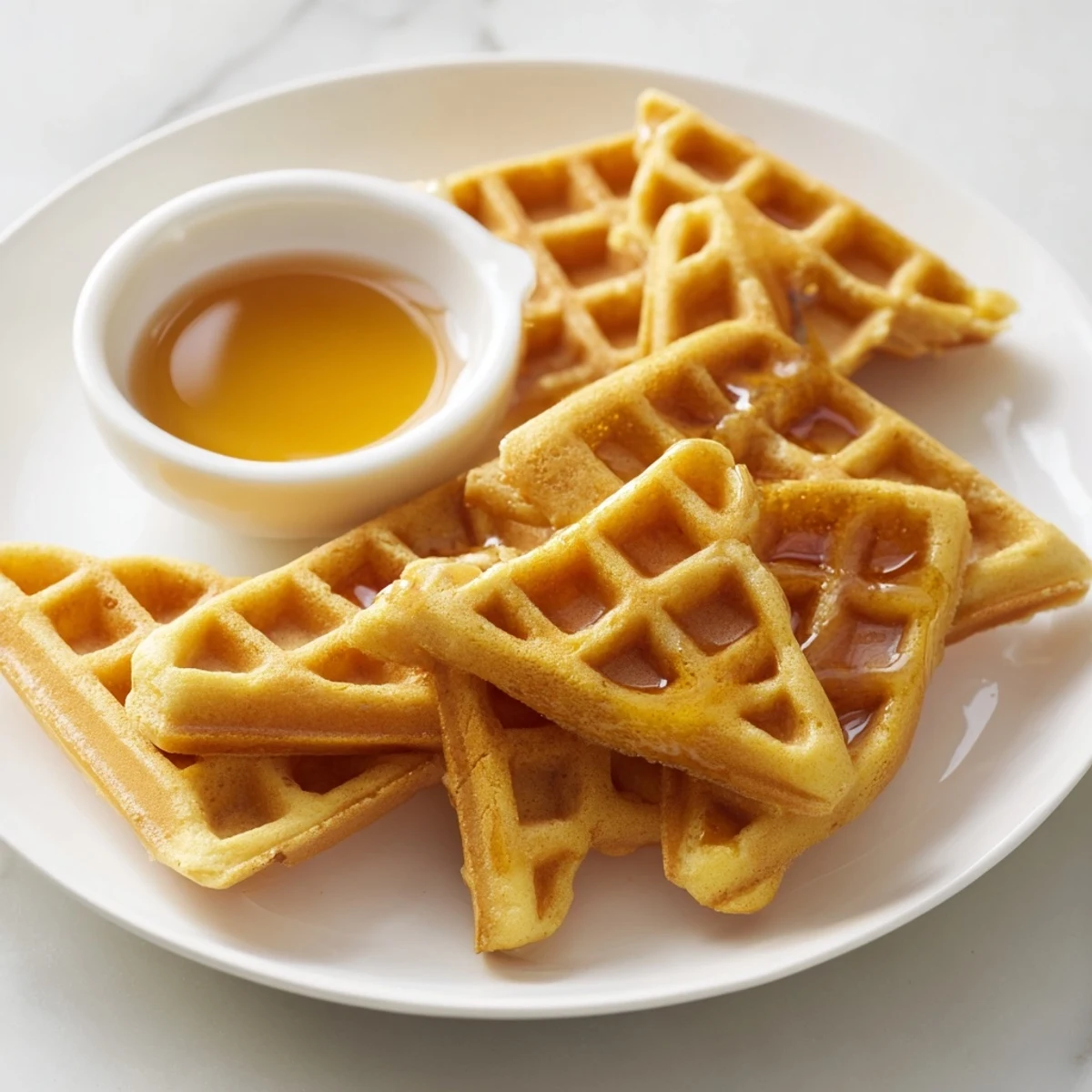 A visual of fluffy waffle quarters with a sweet maple syrup dip, perfect for a brunch.