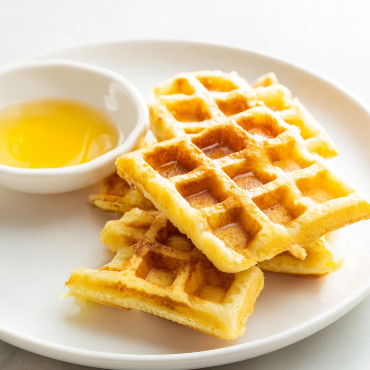 Up-close photo of golden-brown waffle quarters, perfect with the simple syrup dip.