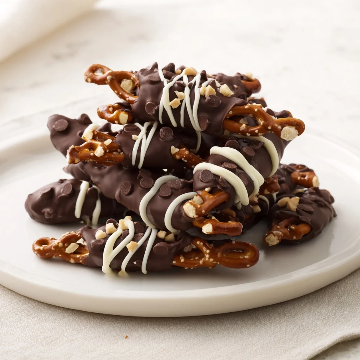 Chocolate covered pretzel stick stacks, coated with glossy dark chocolate and ready to enjoy.