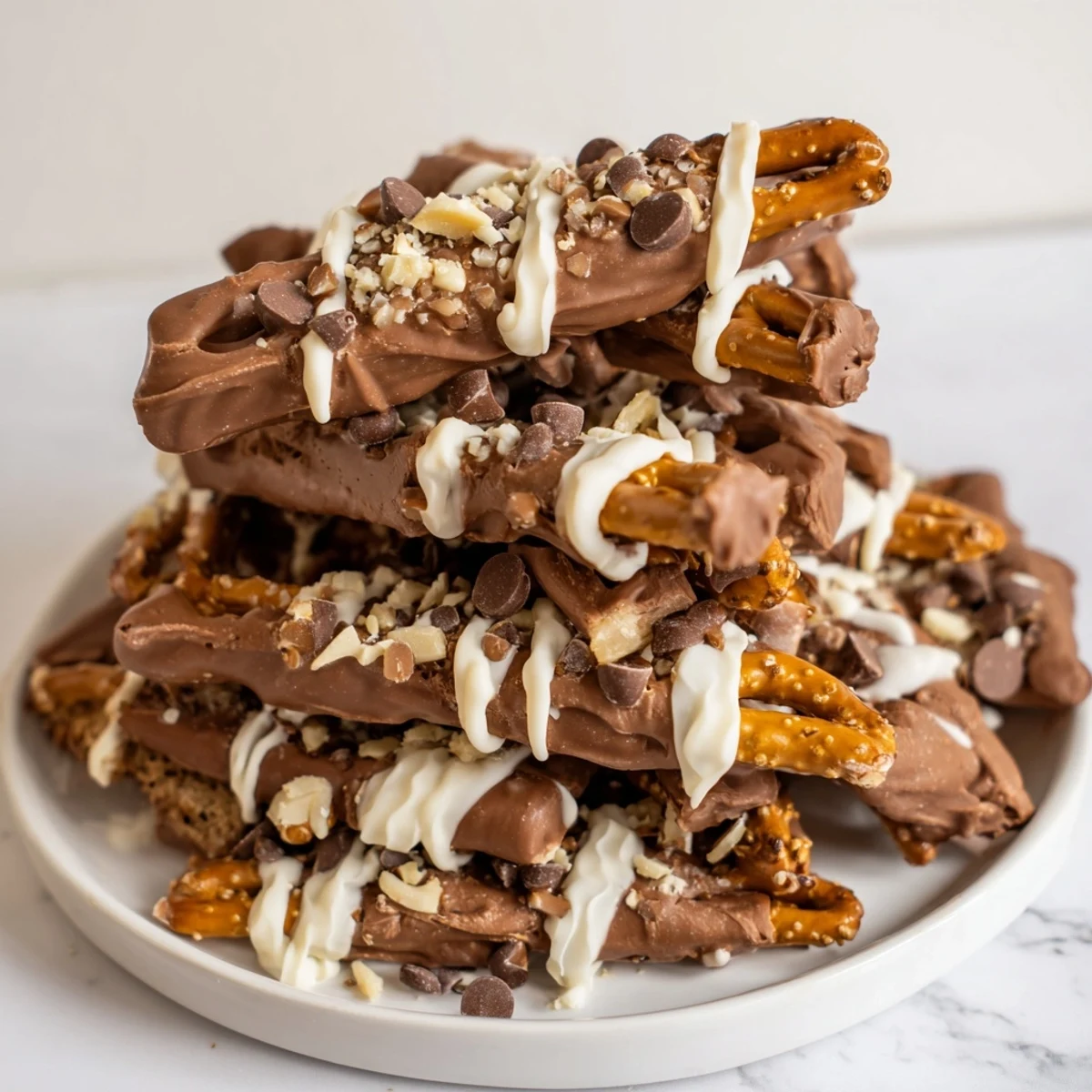 A close-up of delicious chocolate covered pretzel stick stacks, drizzled with white chocolate.