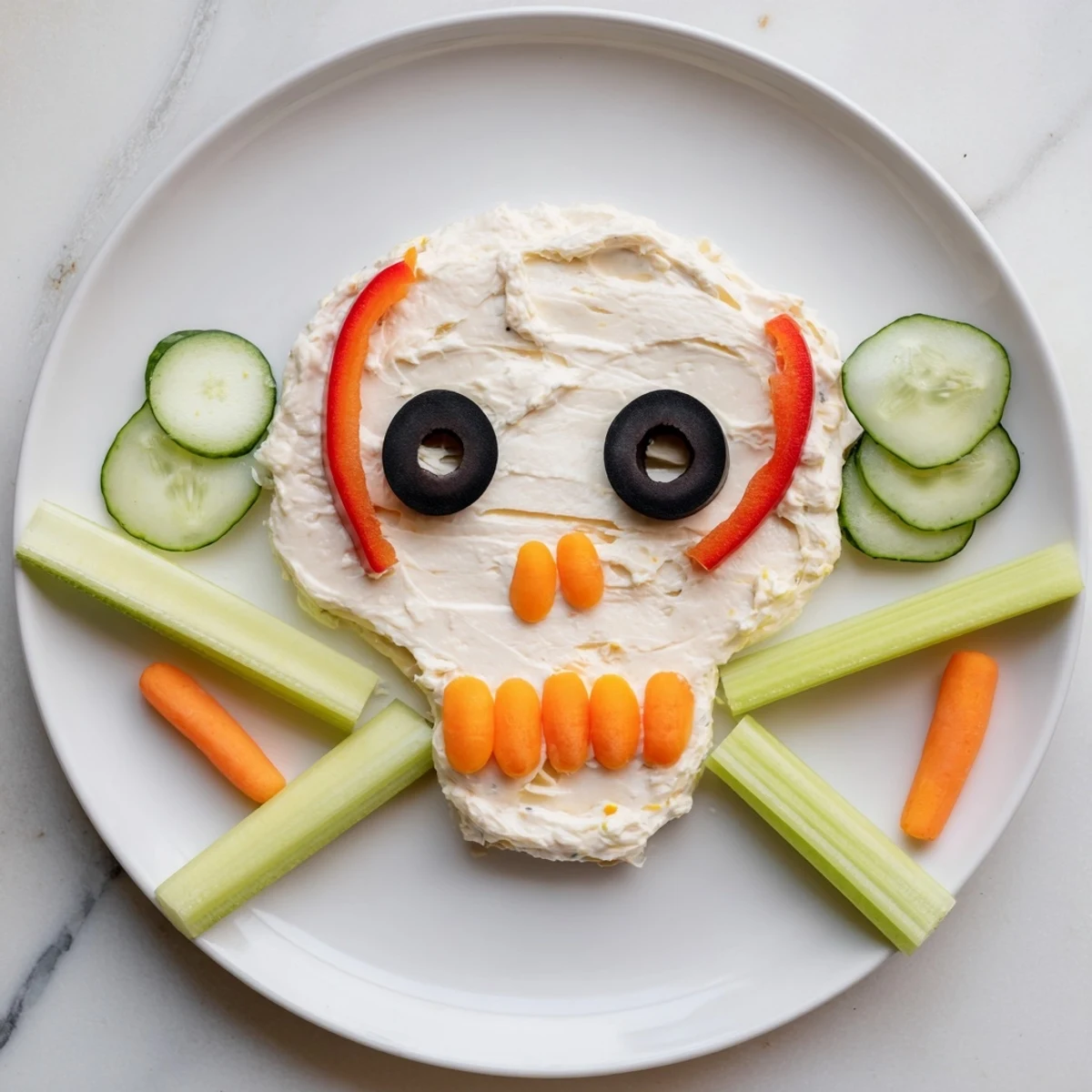 Halloween party ready: a vegetarian Skull & Bones Spooky Spread with crunchy vegetable crossbones.