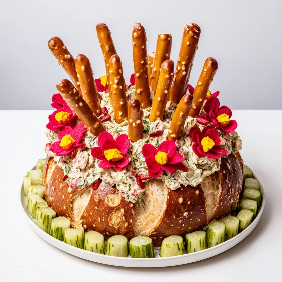 The Desert Cactus Bloom appetizer shows colorful flowers atop a pretzel-studded bread "cactus".