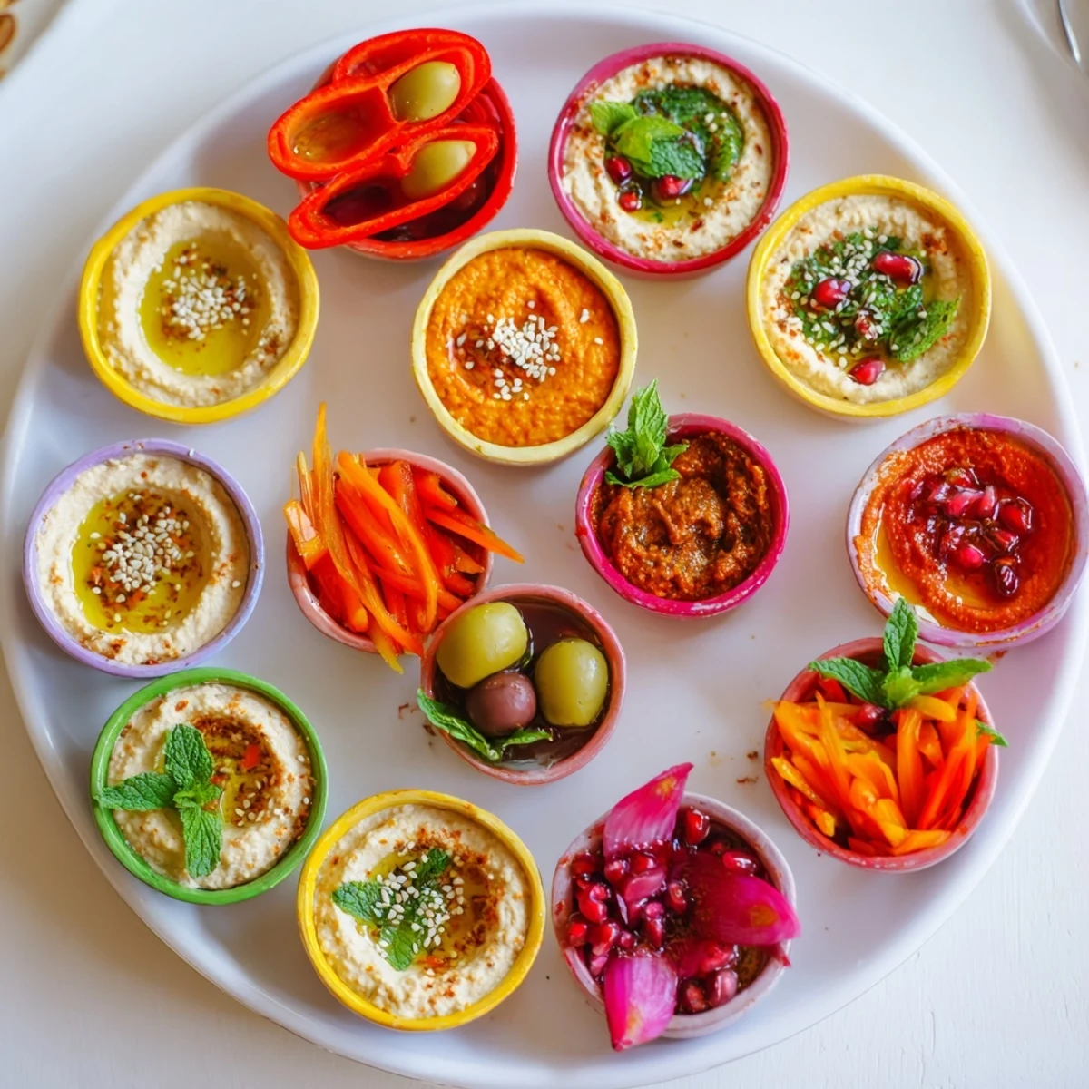 A colorful Moroccan Tile Mosaic appetizer displays dips, olives, and veggies inviting you to a flavorful experience.