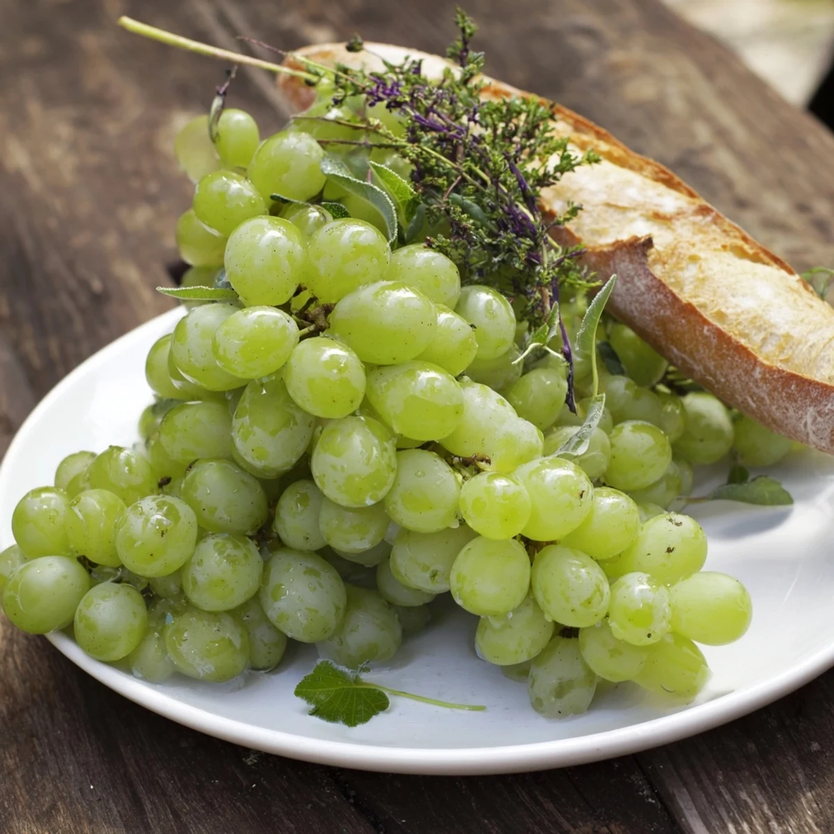 Fresh, vibrant Vineyard Grape Cluster appetizer, a beautiful cascade of grapes around a rustic bread stem.