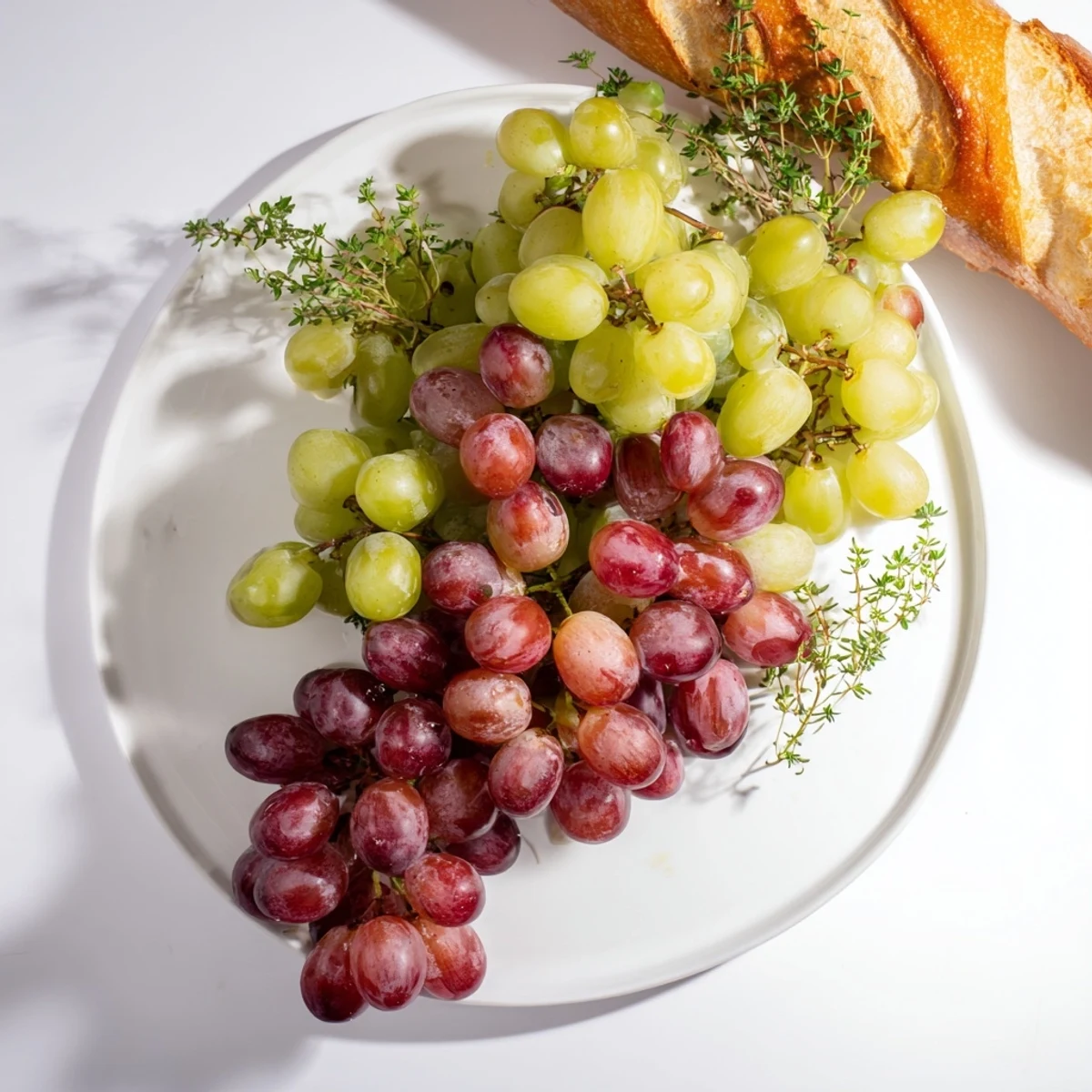 A close-up shot of a party-ready Vineyard Grape Cluster, showcasing colorful grapes and a salami stem.