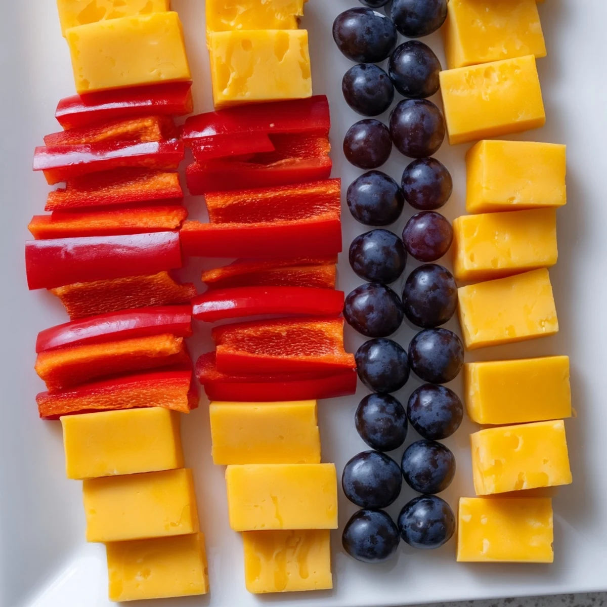 Vibrant Bauhaus Block appetizer shows red pepper, yellow cheese, and grapes artfully arranged for serving.