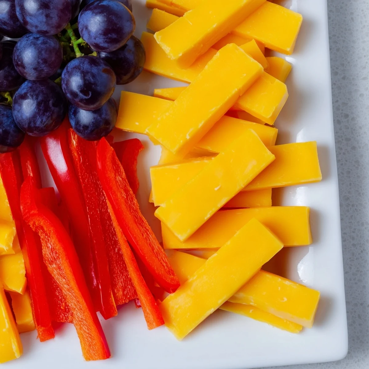 Delectable Bauhaus Block, a modern appetizer, presents colorful bell peppers, cheese, and grapes ready to enjoy.