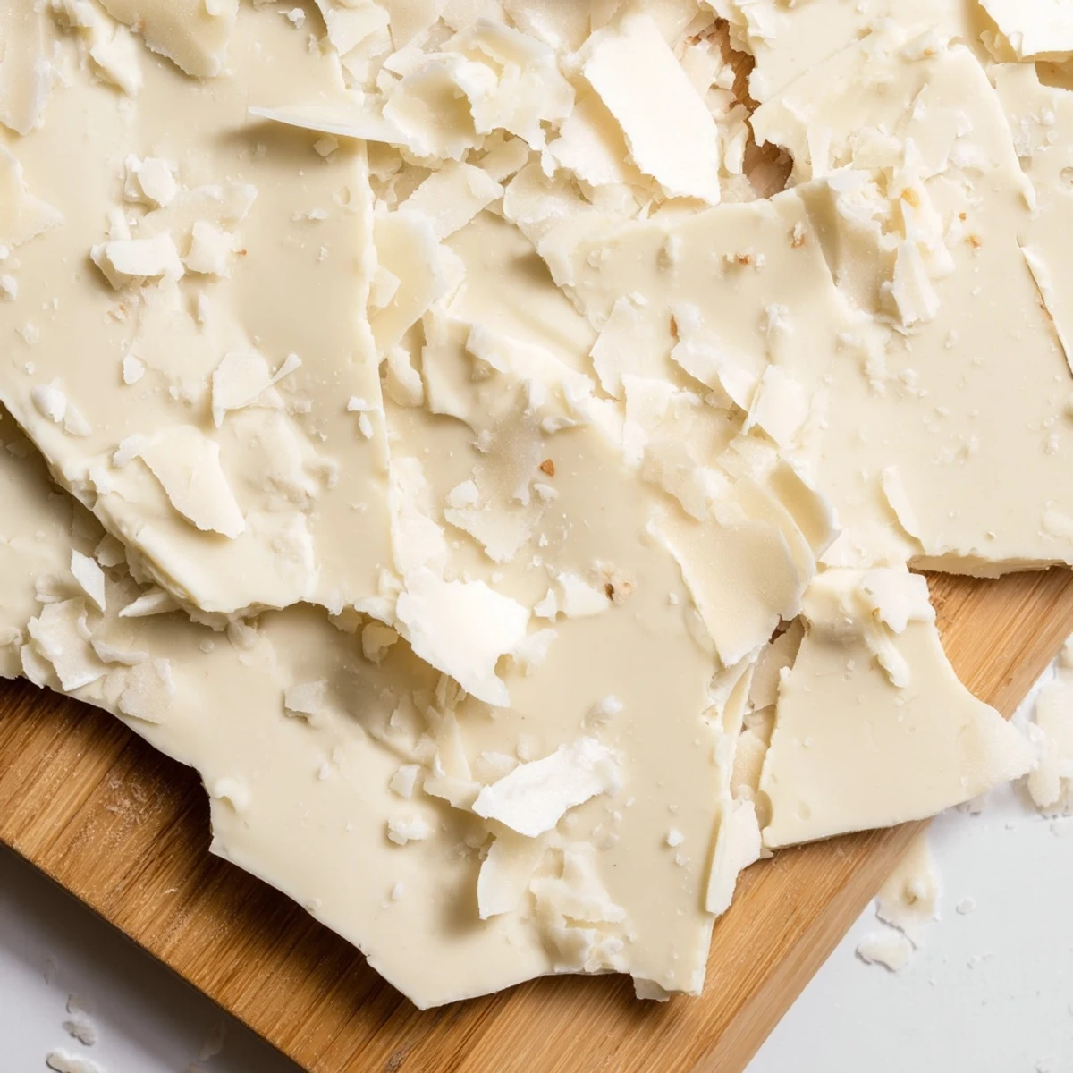 The Arctic Tundra: Delicate white chocolate ice sheets and parmesan shards on a rustic wooden board, a beautiful dessert.