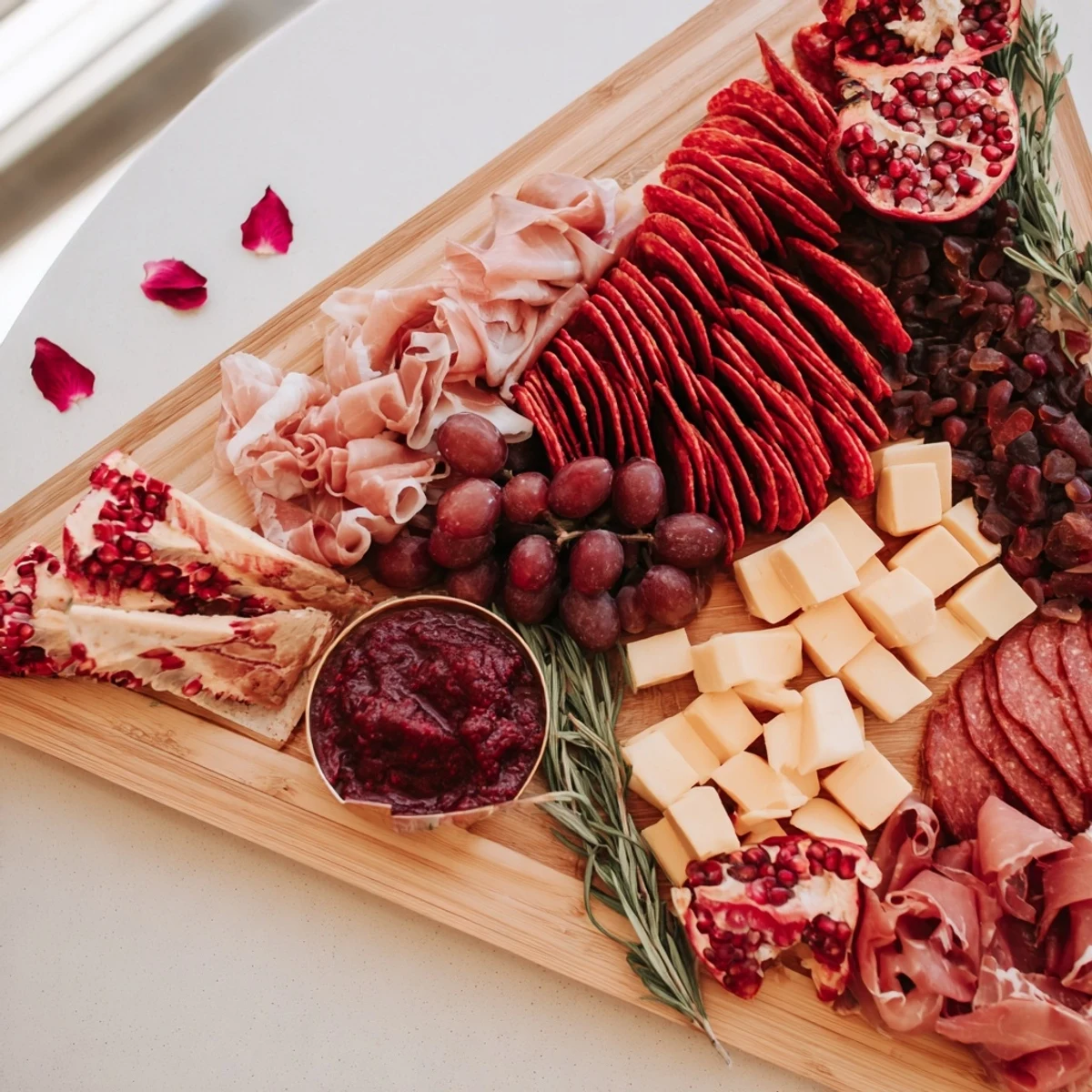 Elegant Crimson Crest charcuterie board: a lavish spread of reds, perfect for entertaining with robust flavors.