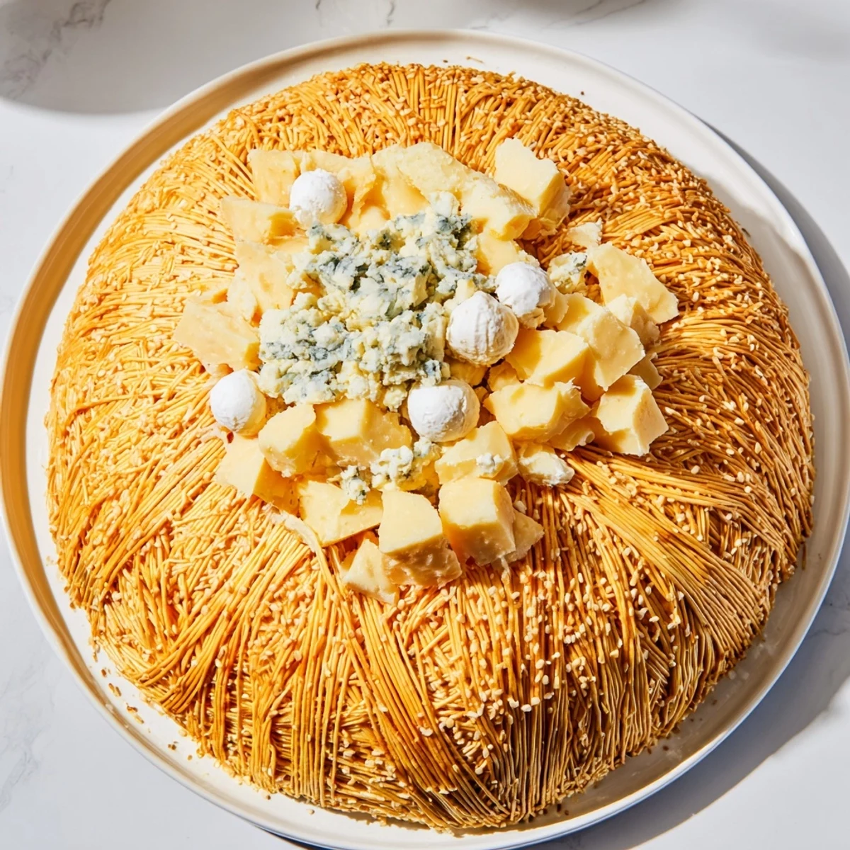 Golden-brown breadsticks form a stunning Gilded Cage appetizer, overflowing with tempting cheeses.