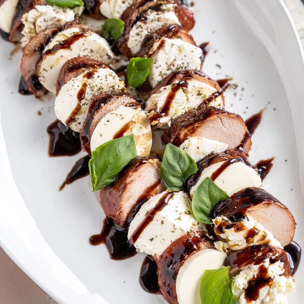A beautiful Safari Stripes appetizer, featuring mozzarella, feta, and balsamic glazed beef.