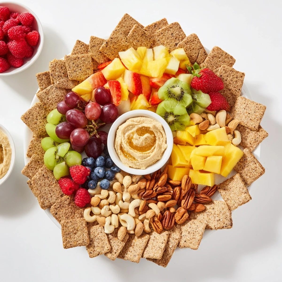 A vibrant view of The Hidden Oasis appetizer, bursting with juicy fruits and creamy dips.
