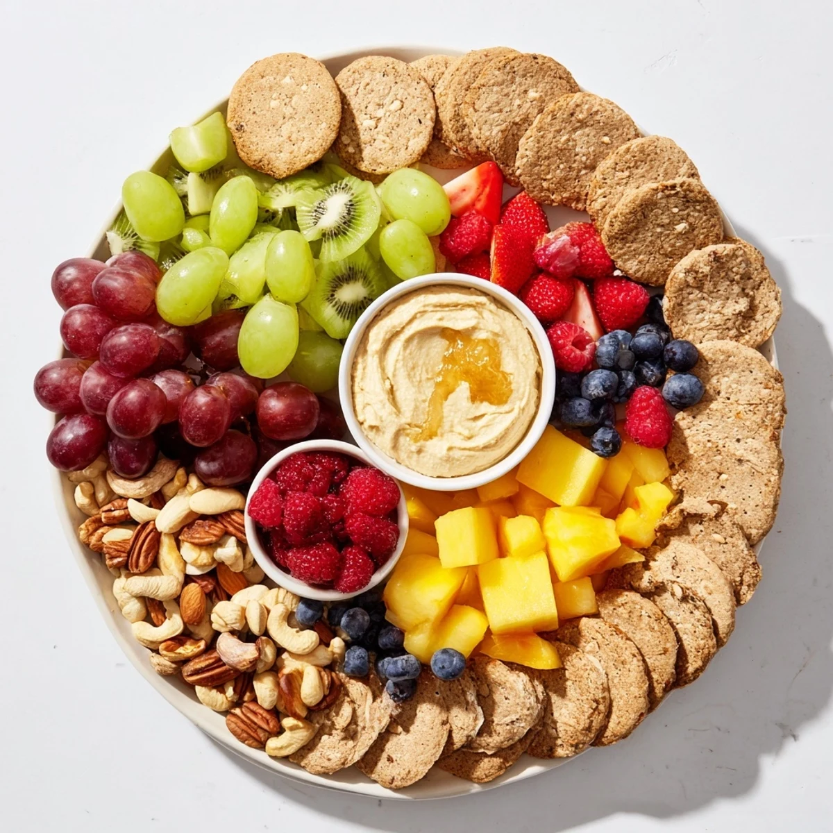 Close-up of The Hidden Oasis, featuring a ring of crackers, nuts, and a central mound of fruits.