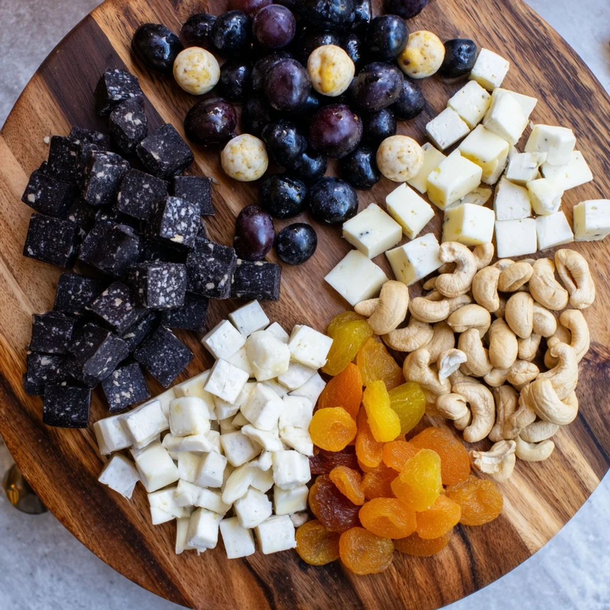A close-up of the Yin and Yang Balance Board featuring a contrasting array of savory and sweet treats ready to serve.