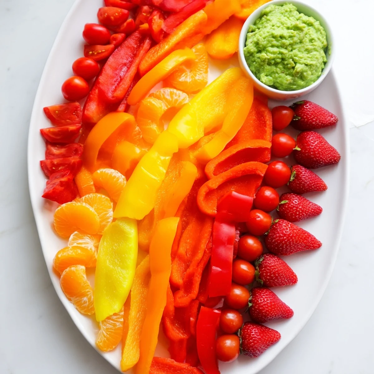 A visually stunning Rainbow Pride Spectrum appetizer arranged in rainbow-colored lines against a wooden board.