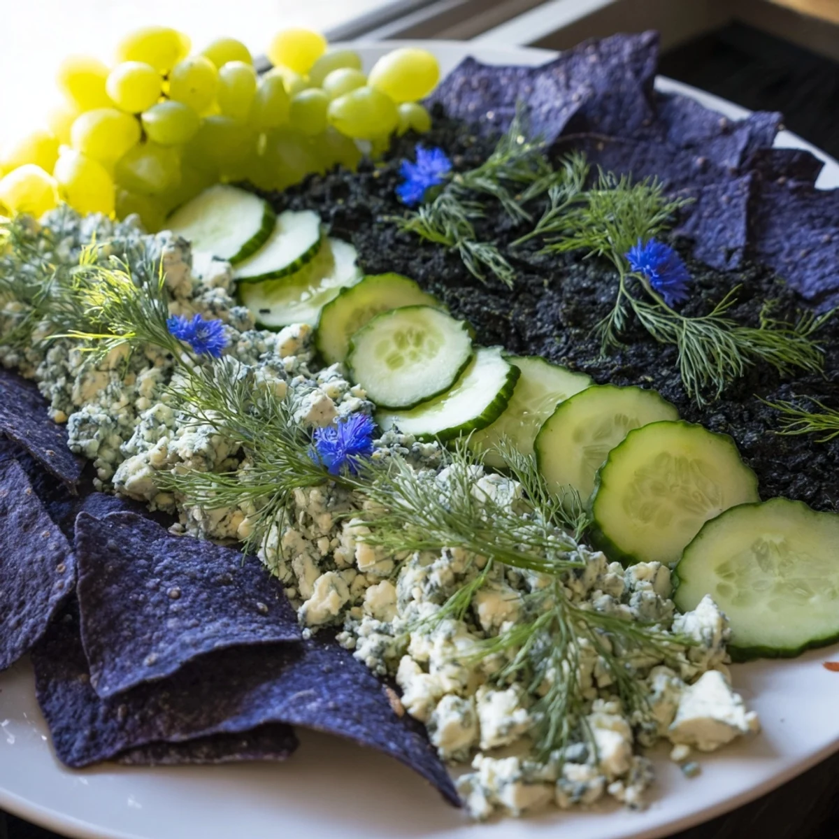 Deep Sea Ocean Wave appetizer platter with blue cheese and crisp green garnishes evokes the ocean.