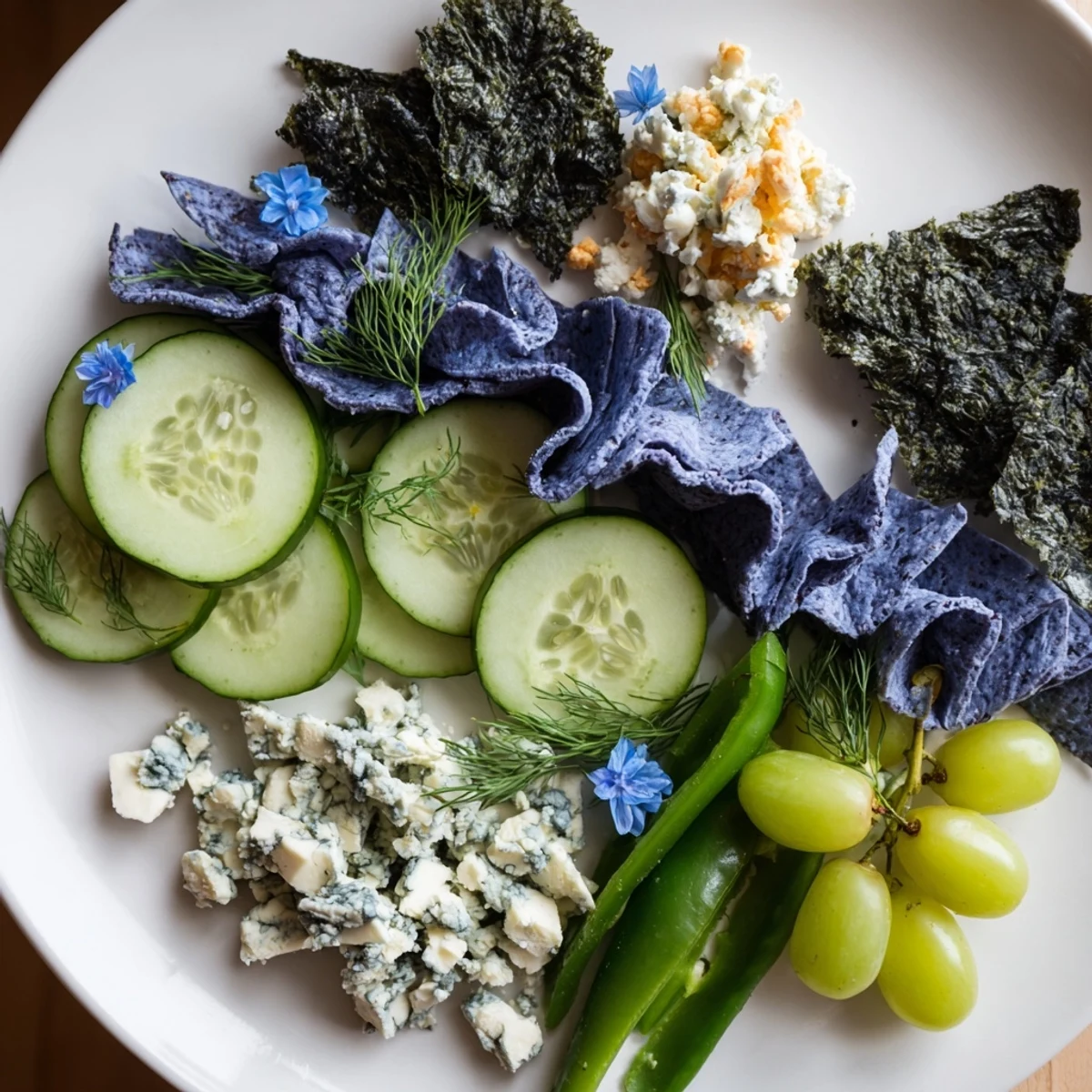 Vibrant Deep Sea Ocean Wave platter, visually appealing, with goat cheese, olives and cucumber offering refreshing tastes.