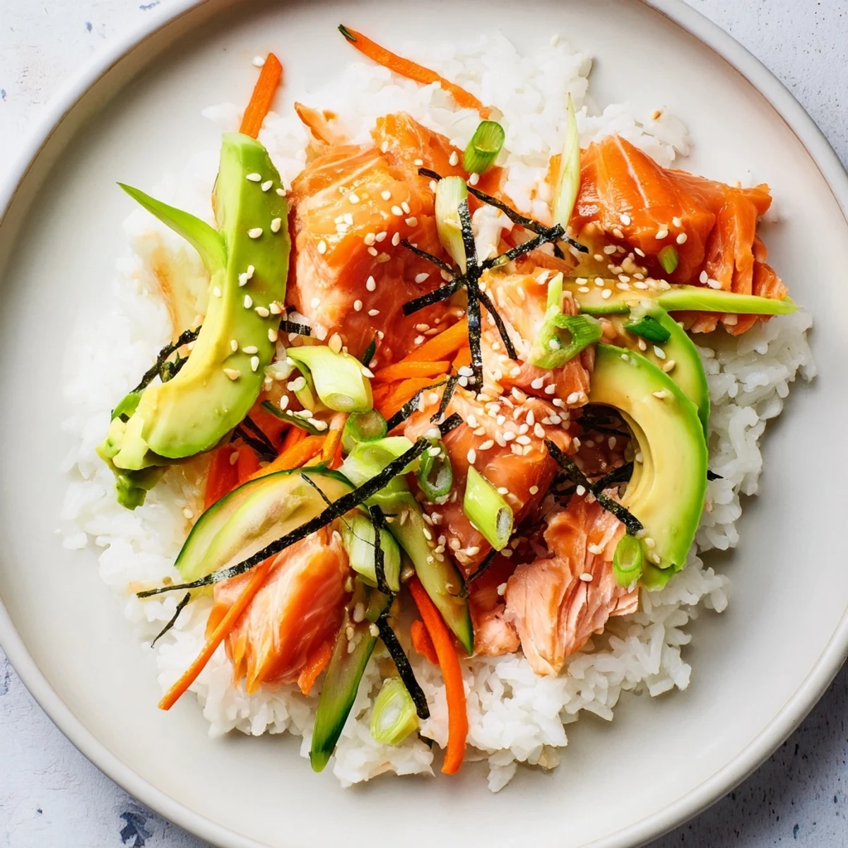 A close-up of a Japanese-Style Salmon & Chicken Rice Bowl, featuring tender salmon and fresh veggies.
