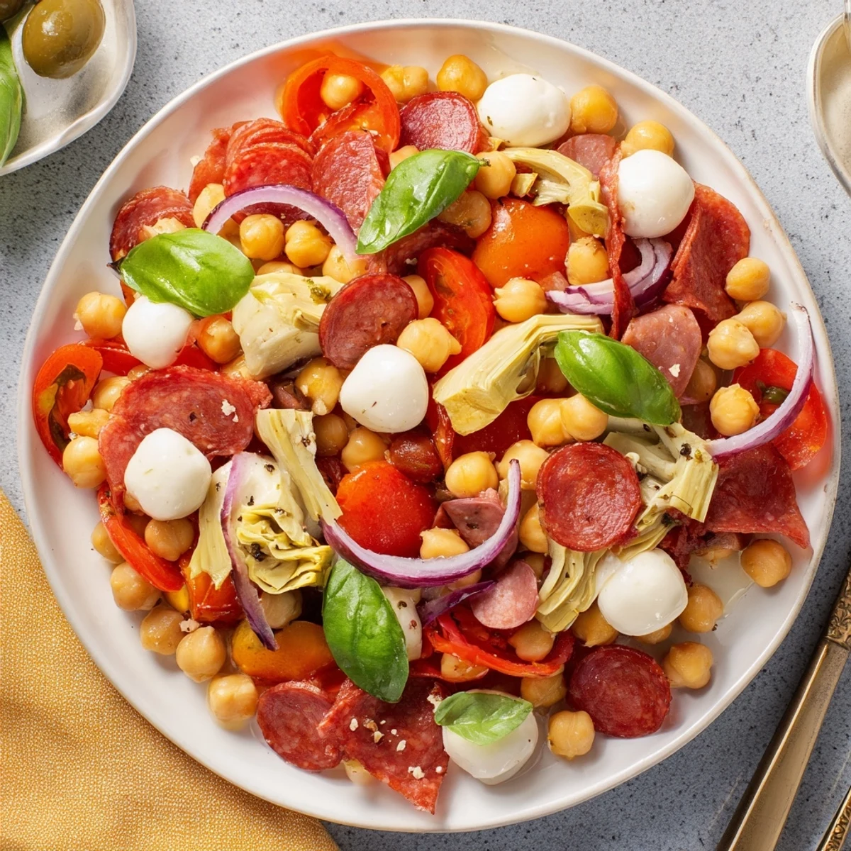 This refreshing Antipasto chickpea salad features juicy tomatoes and flavorful pepperoni, ready to enjoy.
