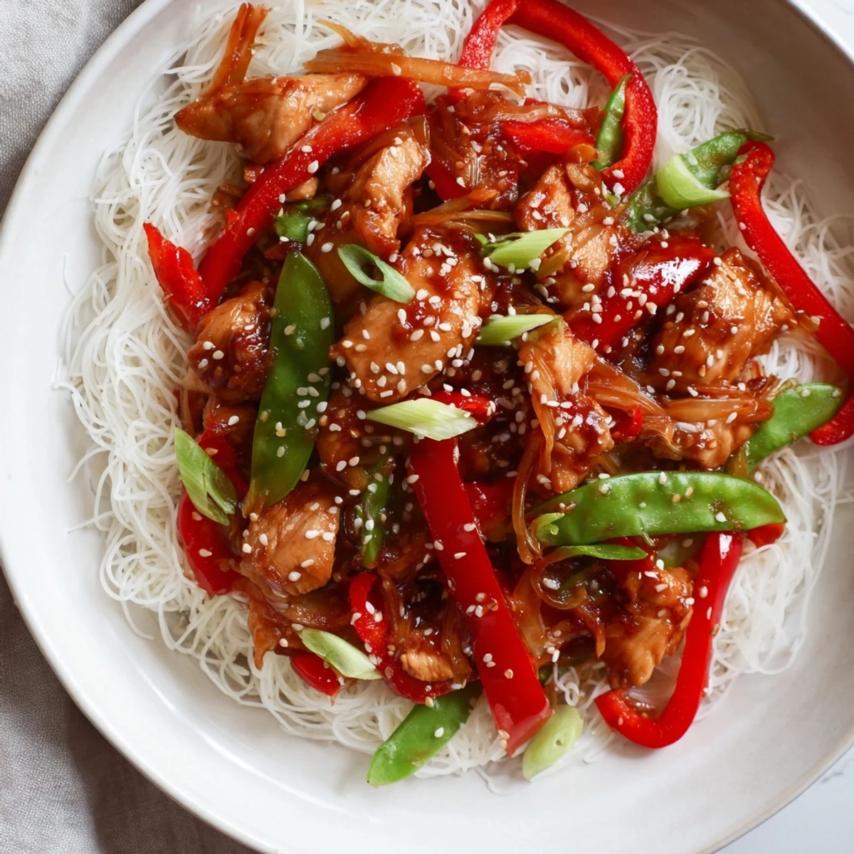 Golden Mongolian Chicken with vibrant veggies and rice noodles, ready for a delicious dinner.