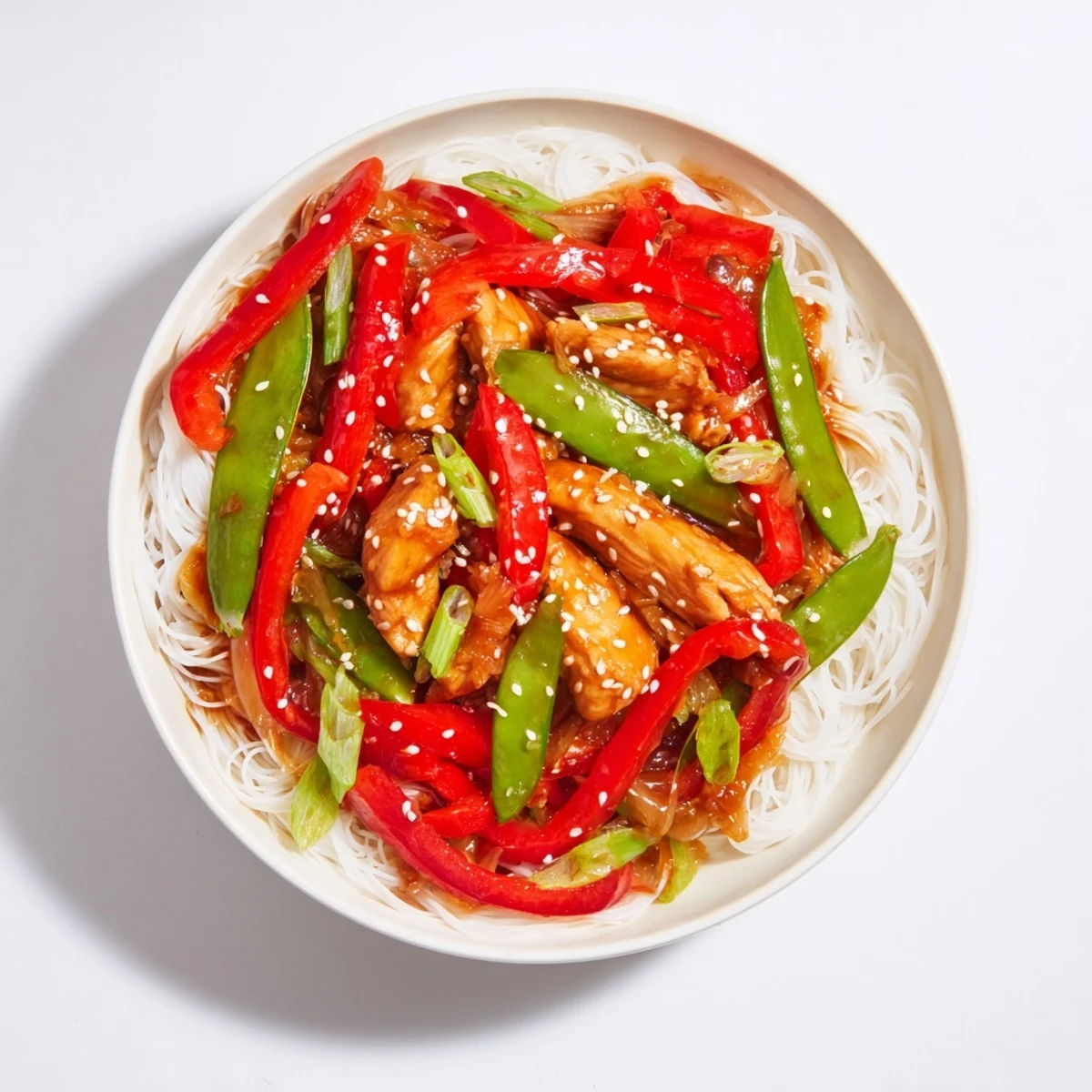 A steaming bowl of Mongolian Chicken shows beautifully glazed chicken and tender noodles, ready to eat.