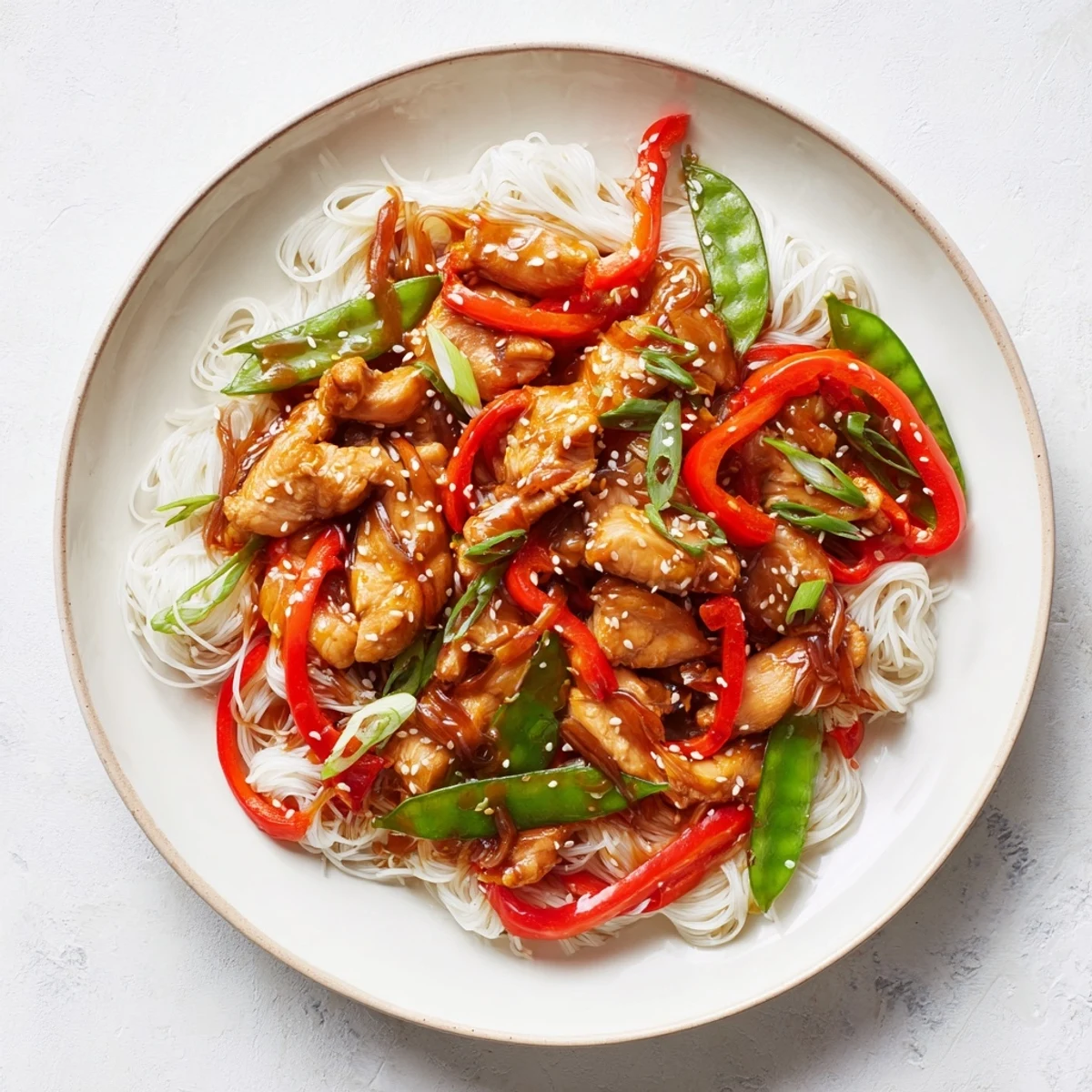 Close-up of savory Mongolian Chicken with rice noodles, garnished with sesame seeds and green onions on a plate.