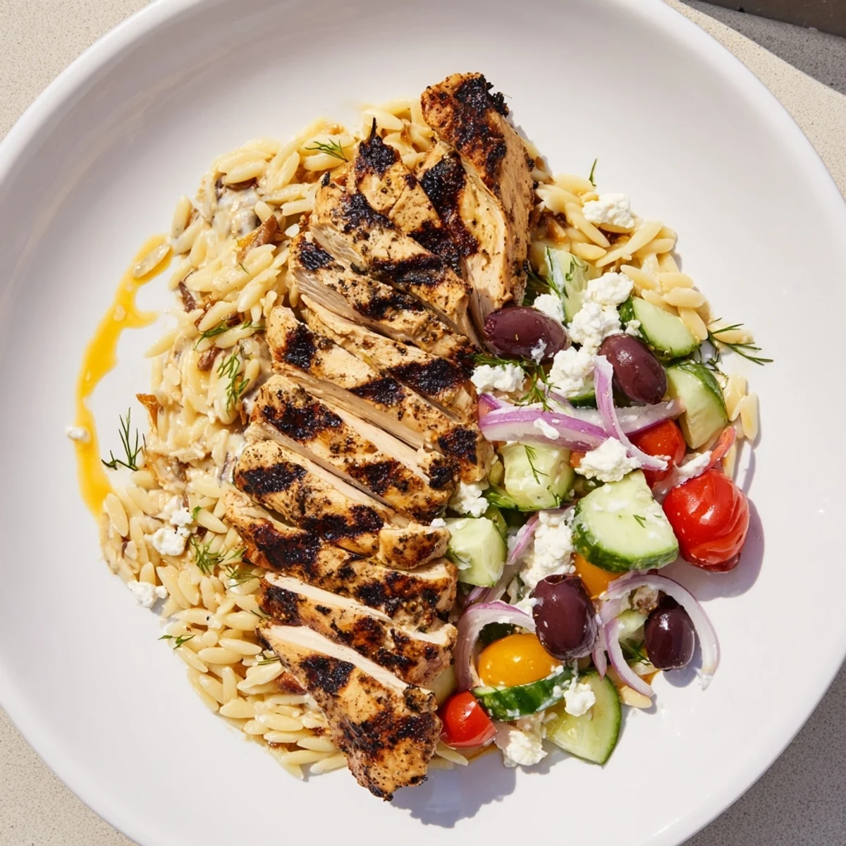 Tender Greek Chicken Gyro Pasta Bowls boast grilled chicken, flavorful orzo, and creamy feta drizzle.