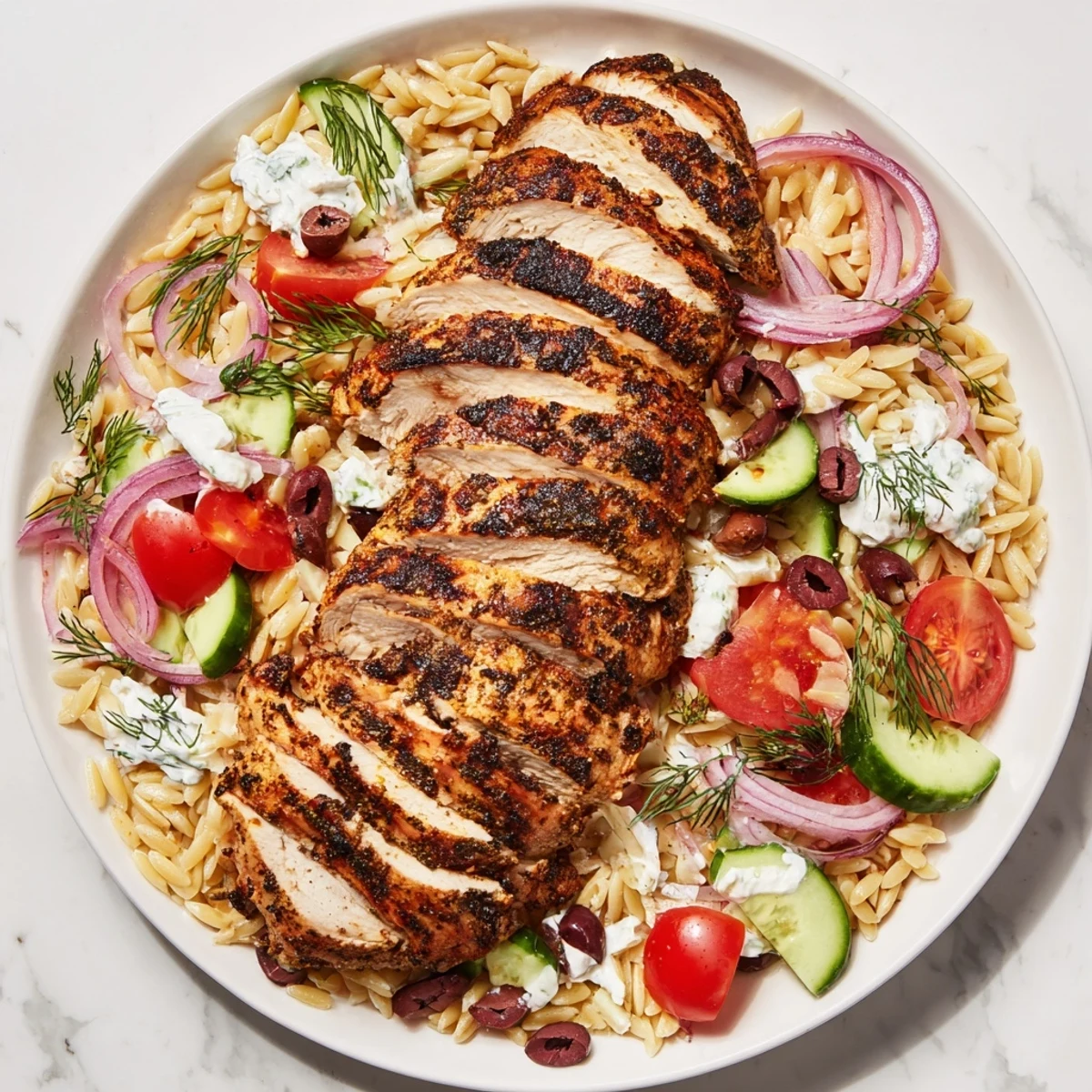 Imagine a close-up of delicious Greek Chicken Gyro Pasta Bowls with perfectly grilled chicken and creamy tzatziki.
