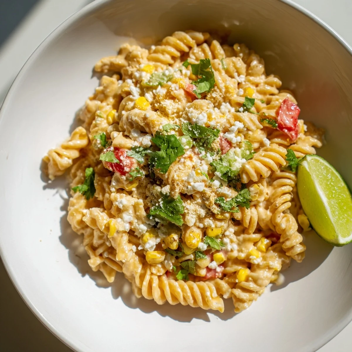 Creamy One-Pot Mexican Street Corn Pasta, featuring tender pasta and vibrant corn, ready to enjoy.