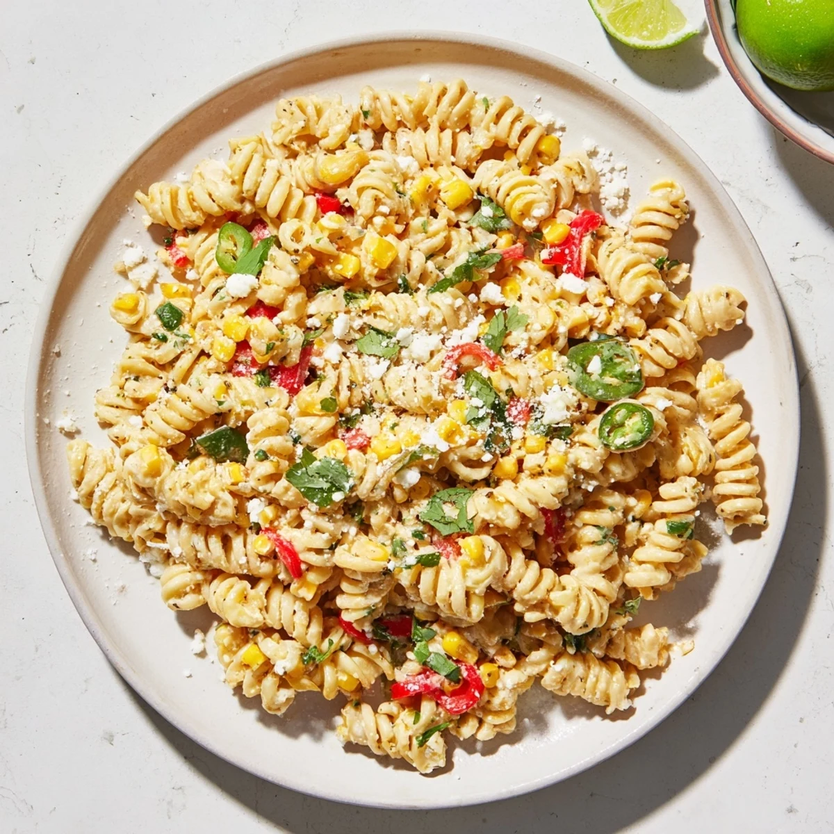A steaming bowl of One-Pot Mexican Street Corn Pasta, topped with crumbled cotija and fresh cilantro.