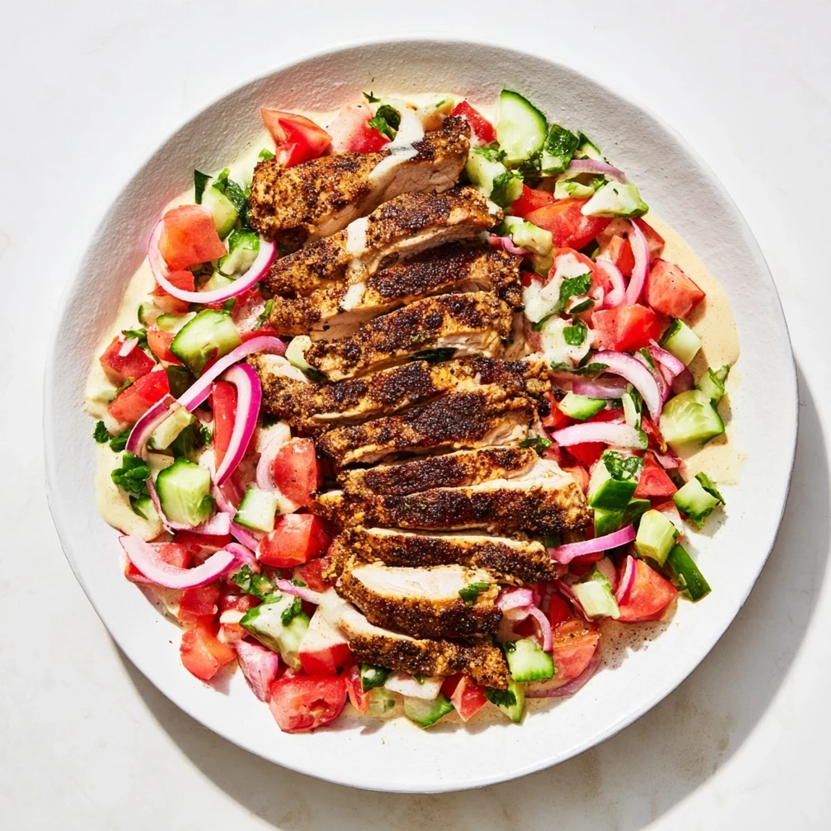 Chicken Shawarma Salad features spiced chicken strips atop a colorful tomato and cucumber salad.
