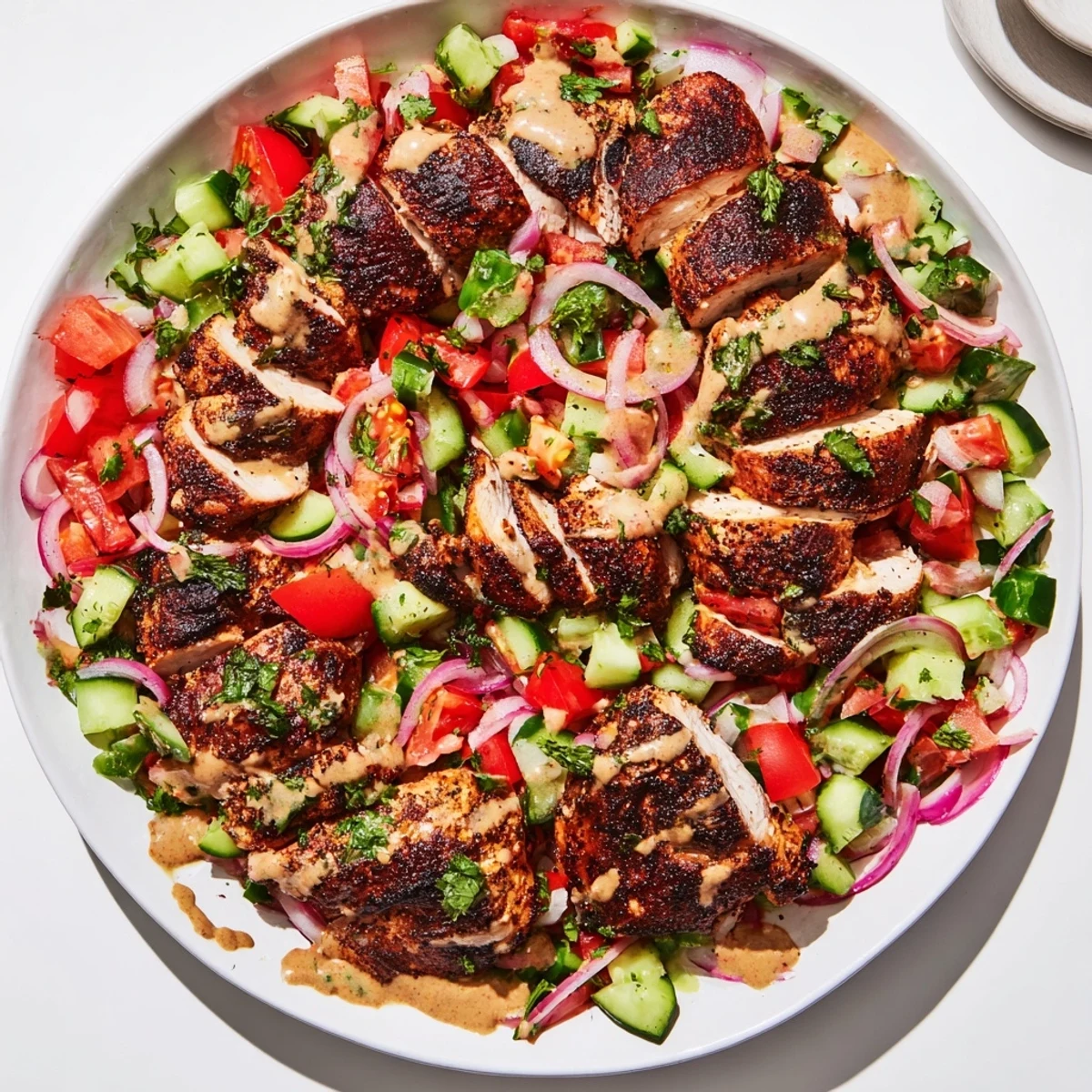 Vibrant Chicken Shawarma Salad, a dairy-free delight, with creamy tahini dressing drizzled over it.